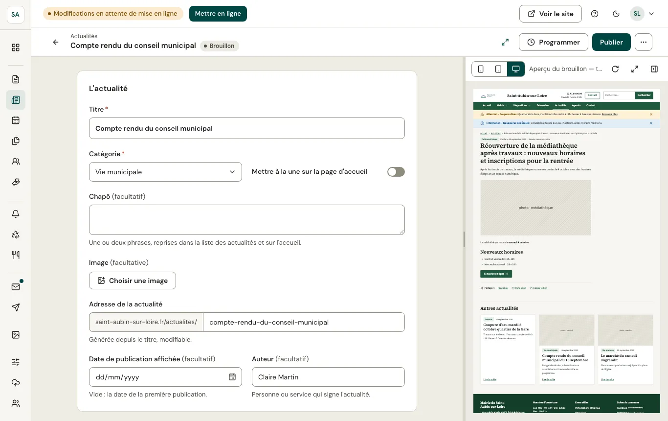 Éditeur d'une actualité, avec l'aperçu du site à droite