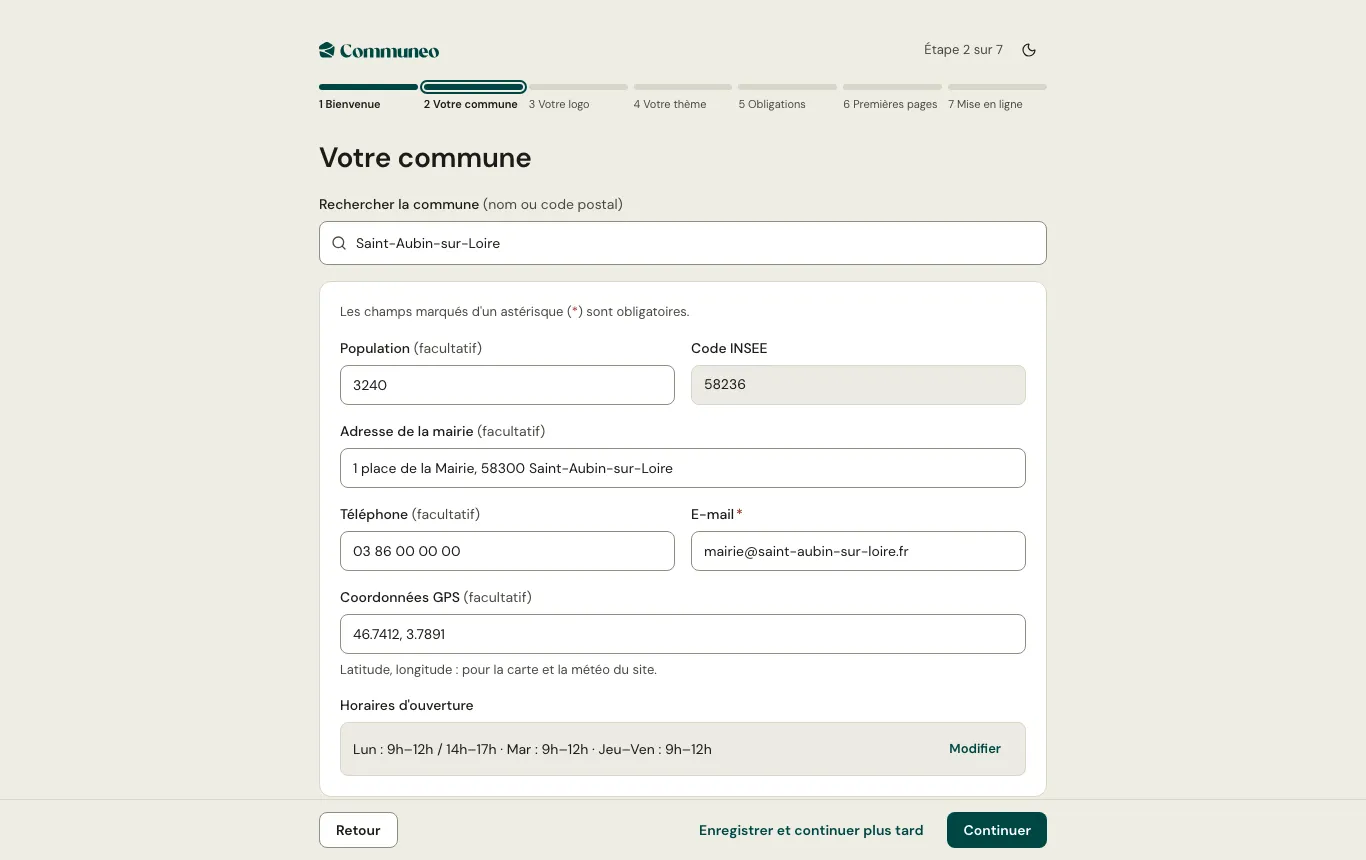 Étape « Votre commune » de l'assistant