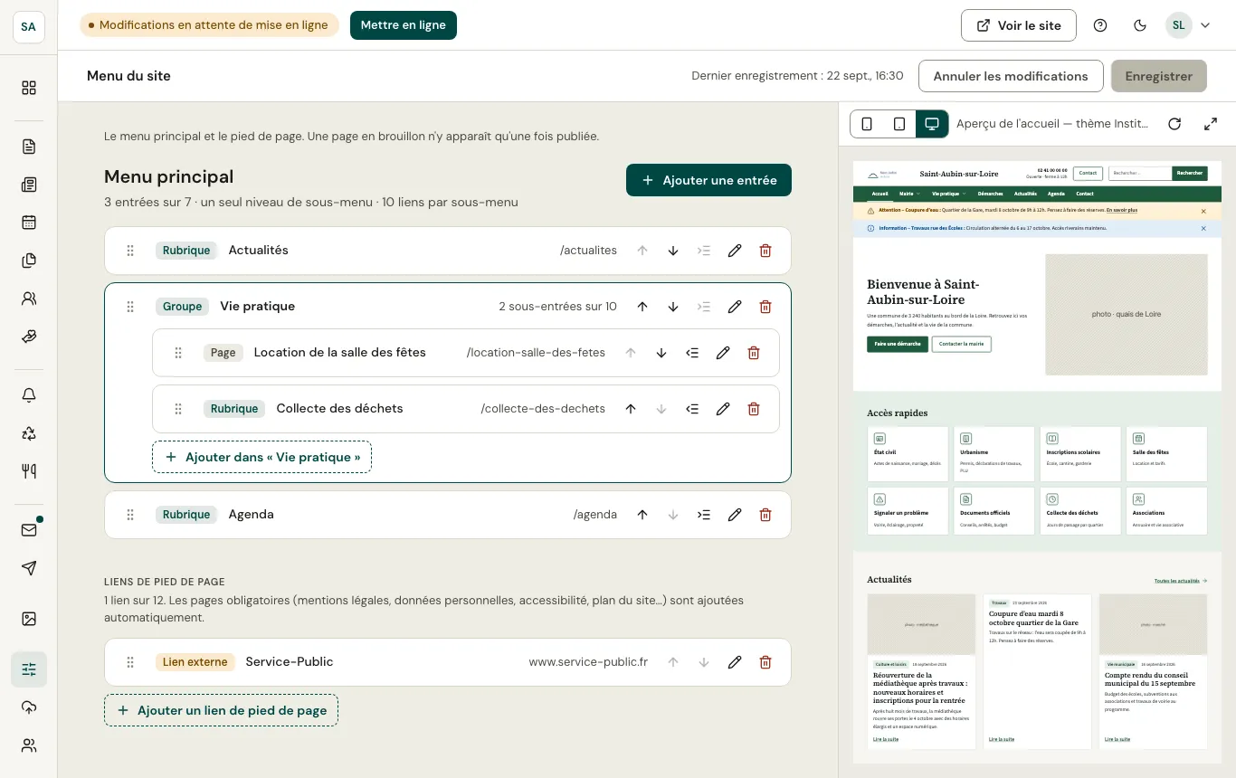 Réglage du menu du site