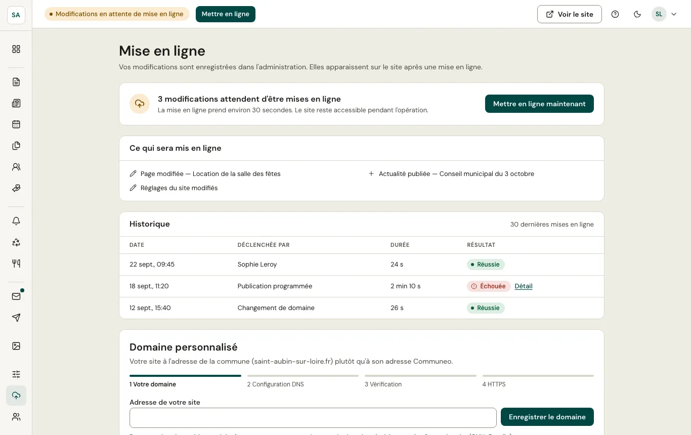 Écran Mise en ligne