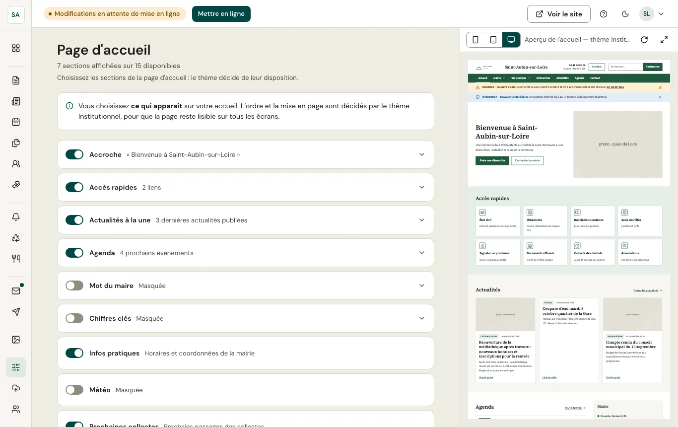 Réglage de la page d'accueil, avec l'aperçu